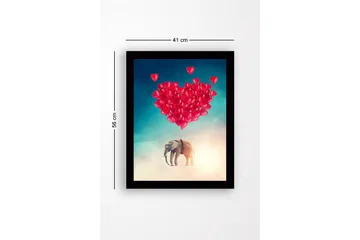 Inramad Canvastavla i trä - 41x56 cm - Elefant som svävar med hjärtformade ballonger - Röd / Grå / Turkos - Inredning - Tavlor & posters - Canvastavla