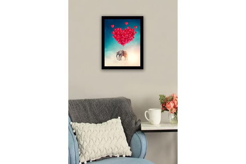 Inramad Canvastavla i trä - 41x56 cm - Elefant som svävar med hjärtformade ballonger - Röd / Grå / Turkos - Inredning - Tavlor & posters - Canvastavla
