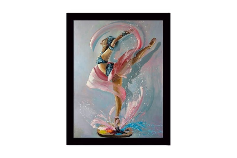 Inramad Canvastavla i trä - 41x56 cm - Elegant balettdansös i en dynamisk pose, Rosa / Blå / Beige
