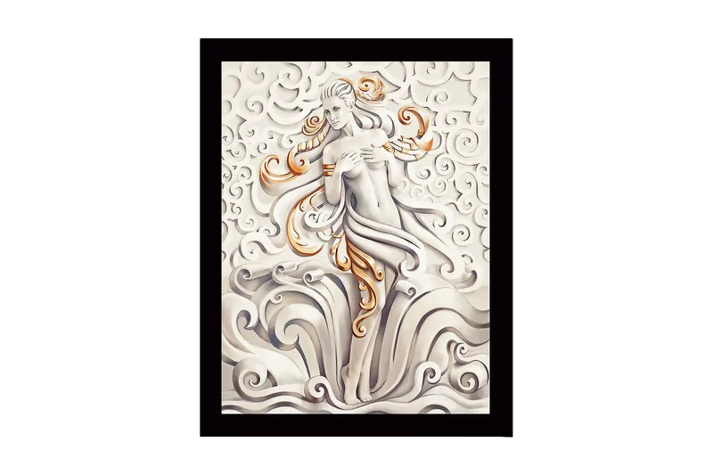 Inramad Canvastavla i trä - 41x56 cm - Elegant figur av en kvinna omgiven av svängande moln och vågor, Grå / Beige / Orange