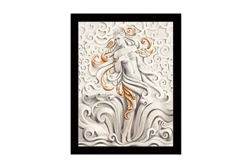 Inramad Canvastavla i trä - 41x56 cm - Elegant figur av en kvinna omgiven av svängande moln och vågor - Grå / Beige / Orange - Inredning - Tavlor & posters - Canvastavla