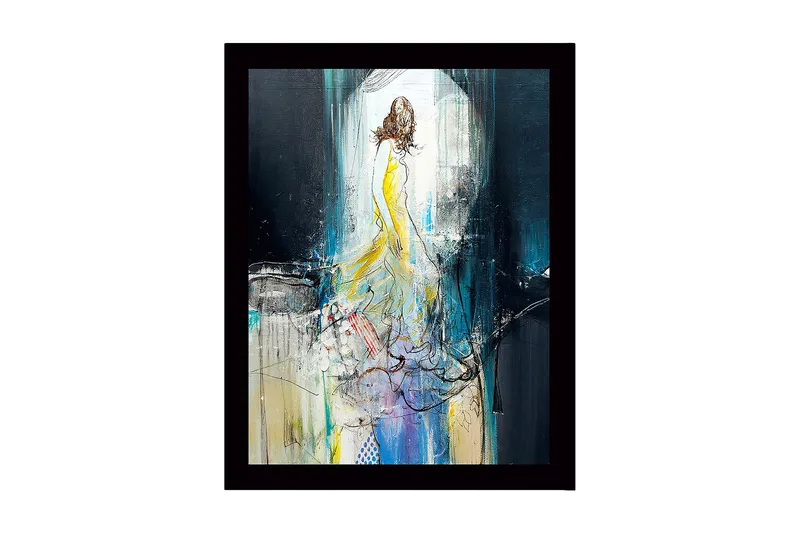 Inramad Canvastavla i trä - 41x56 cm - Elegant kvinna i en gul klänning som rör sig genom en drömlik miljö, Gul / Blå / Svart