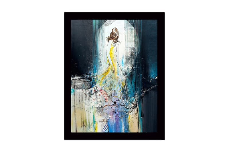Inramad Canvastavla i trä - 41x56 cm - Elegant kvinna i en gul klänning som rör sig genom en drömlik miljö, Gul / Blå / Svart