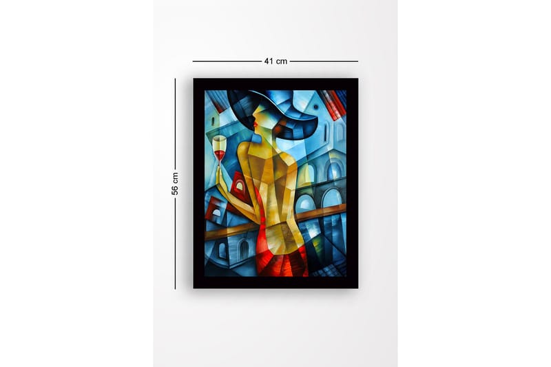 Inramad Canvastavla i trä - 41x56 cm - Elegant kvinna med ett vinglas i en färgglad miljö - Blå / Röd / Gul - Inredning - Tavlor & posters - Canvastavla