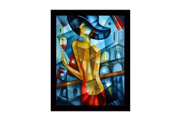 Inramad Canvastavla i trä - 41x56 cm - Elegant kvinna med ett vinglas i en färgglad miljö - Blå / Röd / Gul - Inredning - Tavlor & posters - Canvastavla