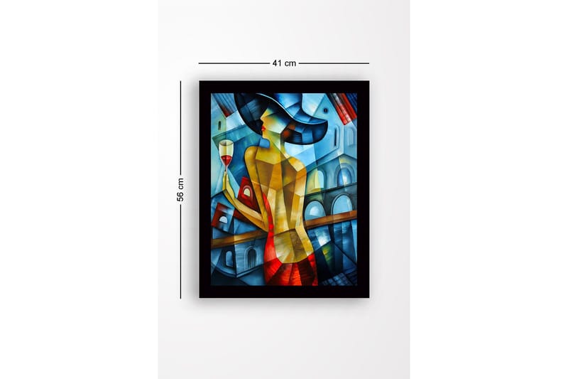 Inramad Canvastavla i trä - 41x56 cm - Elegant kvinna med ett vinglas i en färgglad miljö - Blå / Röd / Gul - Inredning - Tavlor & posters - Canvastavla