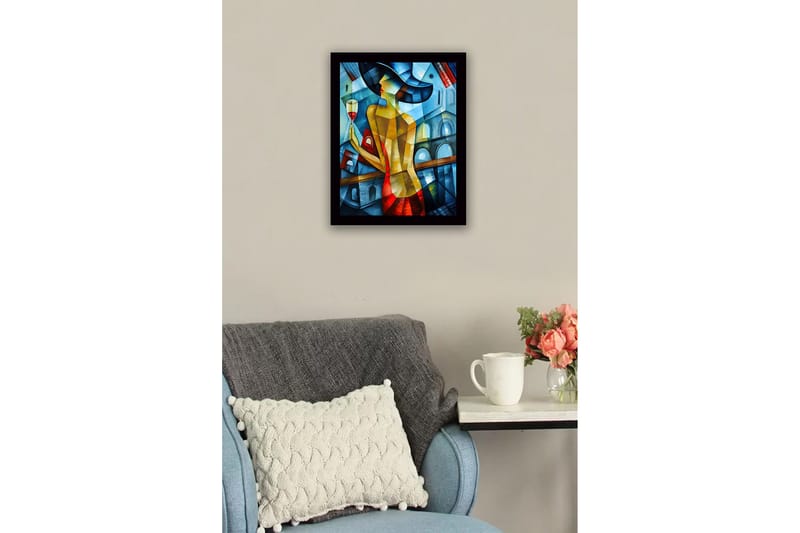 Inramad Canvastavla i trä - 41x56 cm - Elegant kvinna med ett vinglas i en färgglad miljö - Blå / Röd / Gul - Inredning - Tavlor & posters - Canvastavla