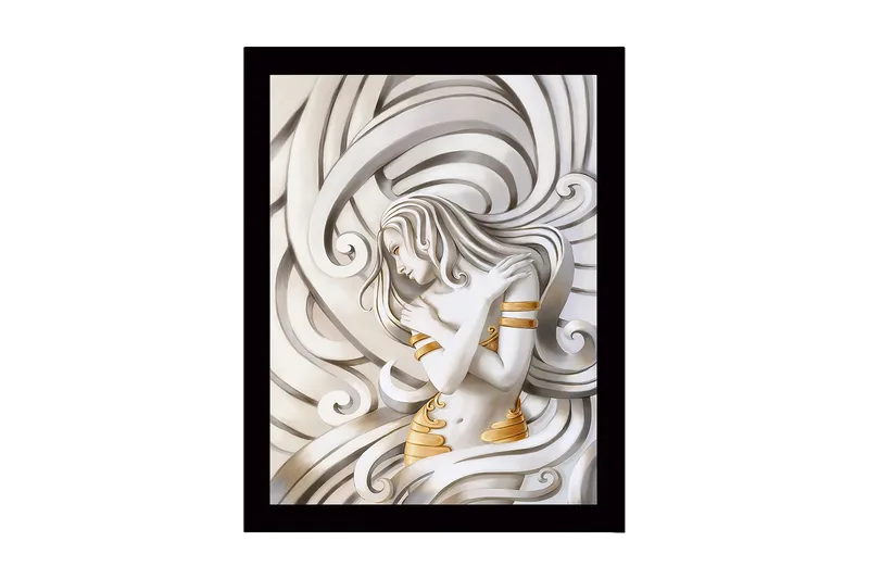 Inramad Canvastavla i trä - 41x56 cm - Elegant kvinna omgiven av svängande linjer, Vit / Guld / Grå