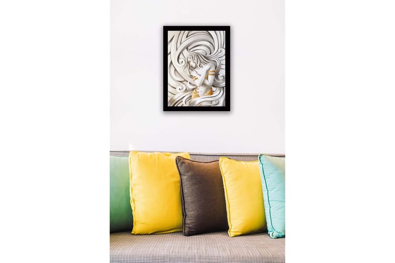 Inramad Canvastavla i trä - 41x56 cm - Elegant kvinna omgiven av svängande linjer - Vit / Guld / Grå - Inredning - Tavlor & posters - Canvastavla