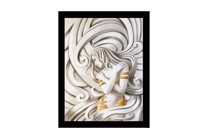 Inramad Canvastavla i trä - 41x56 cm - Elegant kvinna omgiven av svängande linjer, Vit / Guld / Grå