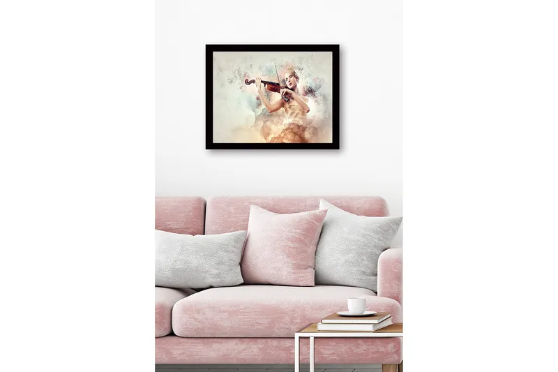 Inramad Canvastavla i trä - 41x56 cm - Elegant kvinna som spelar fiol omgiven av drömlika moln - Ljus beige / Mjuk rosa / Guld - Inredning - Tavlor & posters - Canvastavla