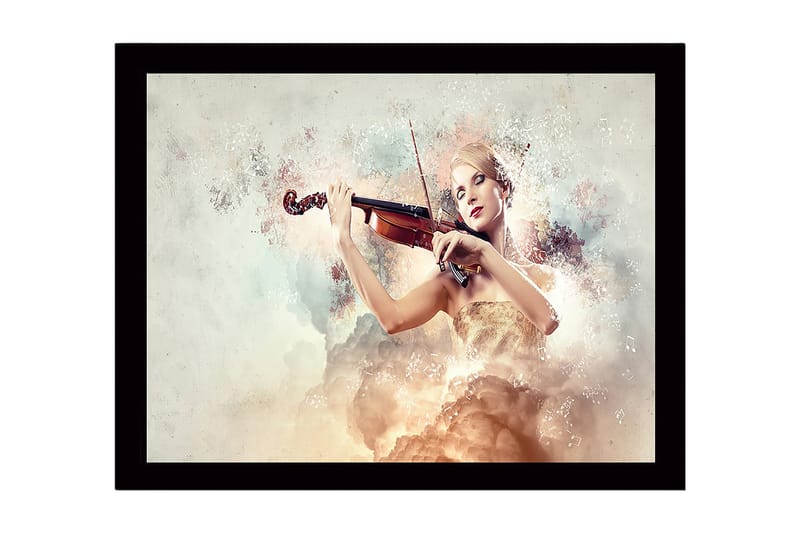 Inramad Canvastavla i trä - 41x56 cm - Elegant kvinna som spelar fiol omgiven av drömlika moln, Ljus beige / Mjuk rosa / Guld