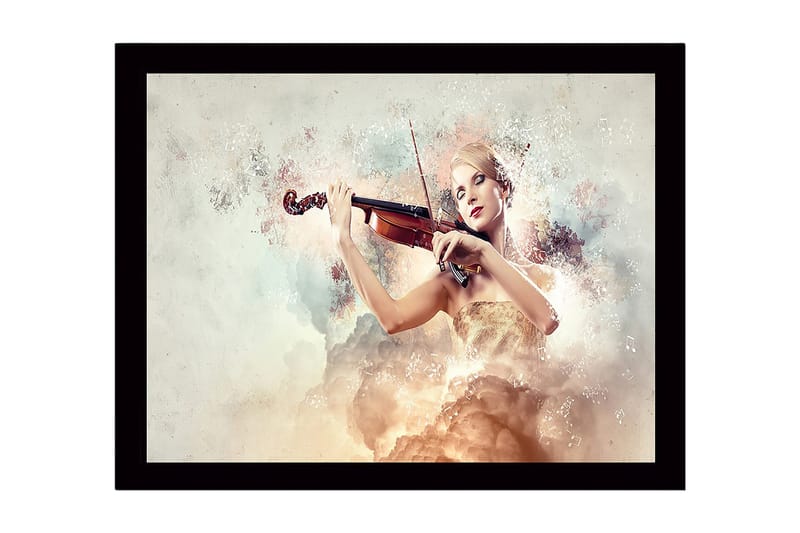 Inramad Canvastavla i trä - 41x56 cm - Elegant kvinna som spelar fiol omgiven av drömlika moln, Ljus beige / Mjuk rosa / Guld