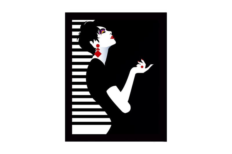 Inramad Canvastavla i trä - 41x56 cm - Elegant silhuett av en kvinna med dramatisk pose, Svart / Vit / Röd