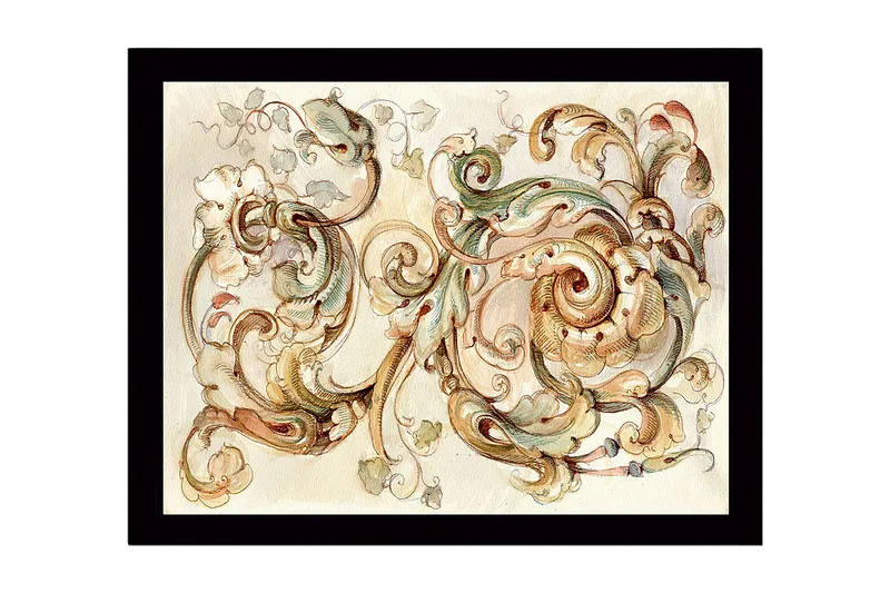 Inramad Canvastavla i trä - 41x56 cm - Eleganta snirklar och blommor i en harmonisk komposition, Ljusgrön / Beige / Brun