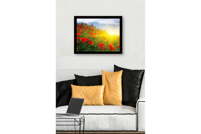 Inramad Canvastavla i trä - 41x56 cm - Fält av röda vallmo i soluppgångens ljus - Röd / Grön / Gul - Inredning - Tavlor & posters - Canvastavla