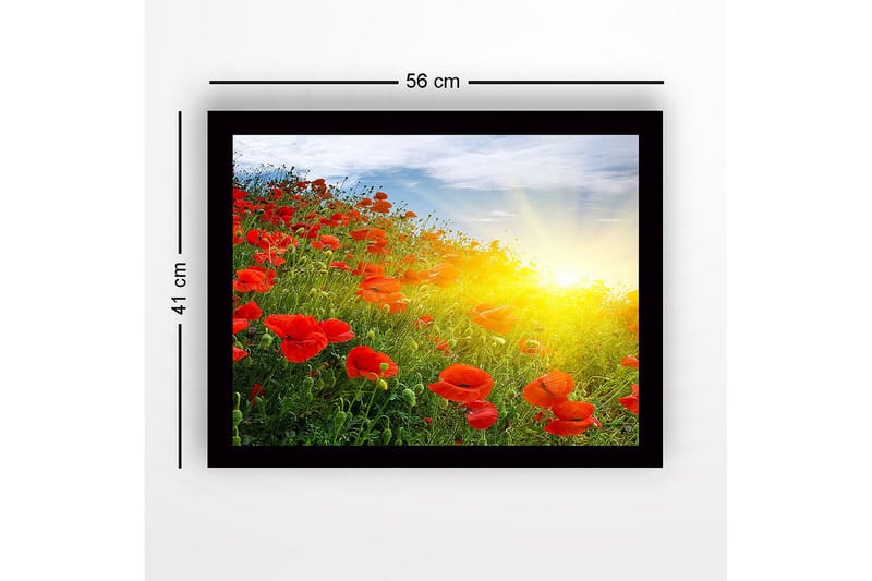 Inramad Canvastavla i trä - 41x56 cm - Fält av röda vallmo i soluppgångens ljus - Röd / Grön / Gul - Inredning - Tavlor & posters - Canvastavla