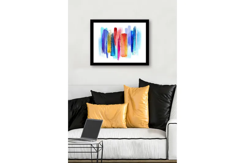 Inramad Canvastavla i trä - 41x56 cm - Färgglad abstrakt komposition med vertikala penseldrag - Blå / Röd / Gul - Inredning - Tavlor & posters - Canvastavla