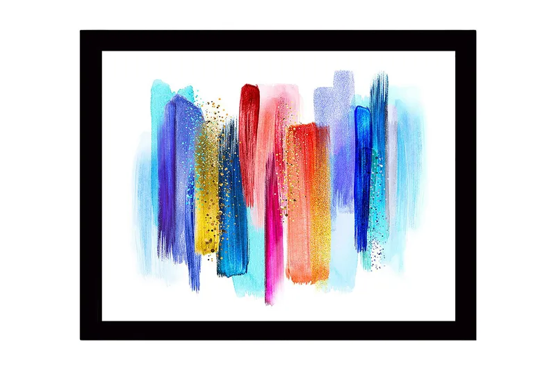Inramad Canvastavla i trä - 41x56 cm - Färgglad abstrakt komposition med vertikala penseldrag, Blå / Röd / Gul