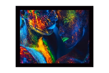 Inramad Canvastavla i trä - 41x56 cm - Färgglad ansiktsmålning med två närstående personer - Blå / Grön / Orange - Inredning - Tavlor & posters - Canvastavla