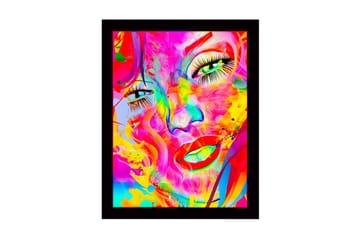 Inramad Canvastavla i trä - 41x56 cm - Färgglad ansiktsporträtt med abstrakta inslag - Rosa / Gul / Grön - Inredning - Tavlor & posters - Canvastavla