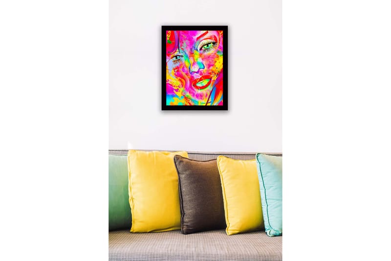 Inramad Canvastavla i trä - 41x56 cm - Färgglad ansiktsporträtt med abstrakta inslag - Rosa / Gul / Grön - Inredning - Tavlor & posters - Canvastavla