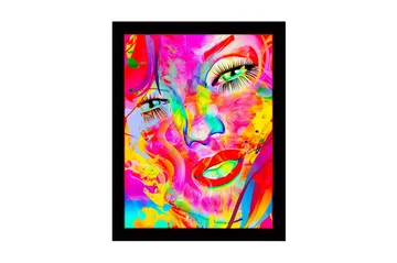 Inramad Canvastavla i trä - 41x56 cm - Färgglad ansiktsporträtt med abstrakta inslag - Rosa / Gul / Grön - Inredning - Tavlor & posters - Canvastavla
