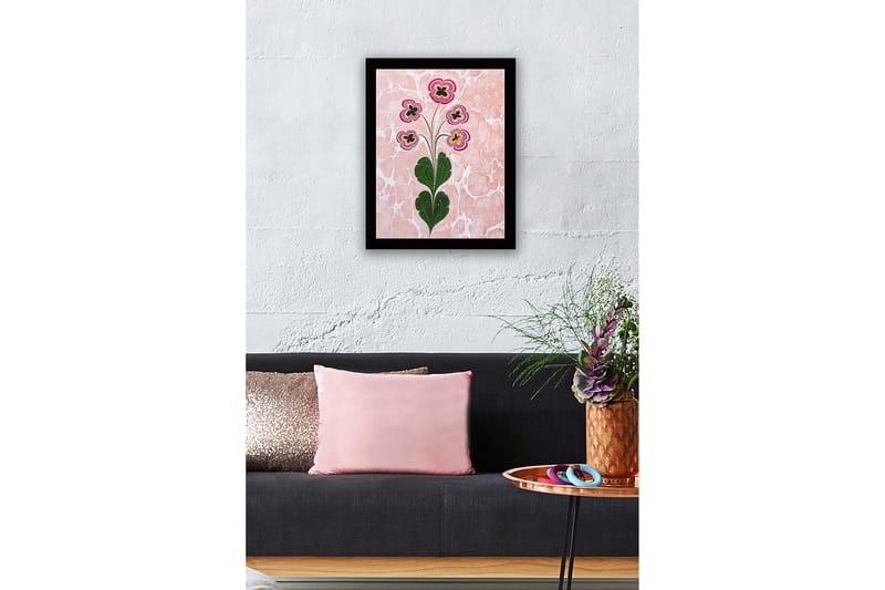 Inramad Canvastavla i trä - 41x56 cm - Färgglad blomsterbukett med stiliserade blommor - Rosa / Grön / Svart - Inredning - Tavlor & posters - Canvastavla