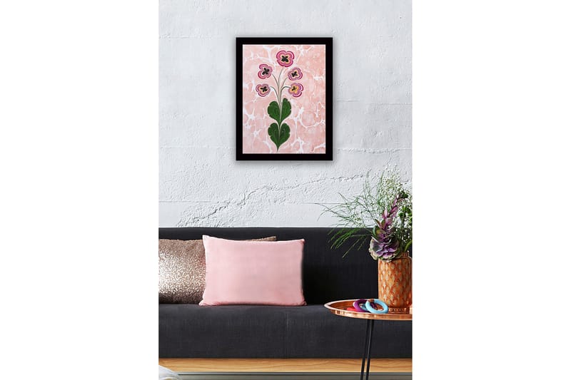 Inramad Canvastavla i trä - 41x56 cm - Färgglad blomsterbukett med stiliserade blommor - Rosa / Grön / Svart - Inredning - Tavlor & posters - Canvastavla