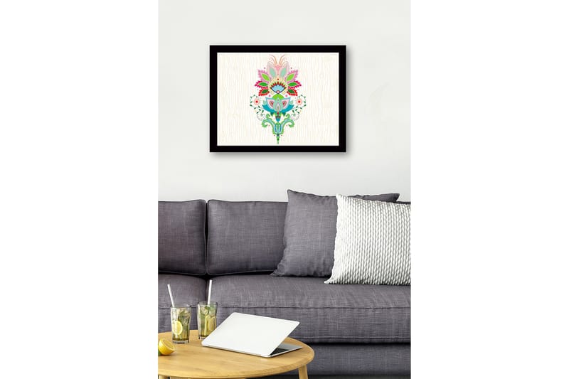 Inramad Canvastavla i trä - 41x56 cm - Färgglad blomsterdesign med detaljerade blad och mönster - Rosa / Grön / Blå - Inredning - Tavlor & posters - Canvastavla