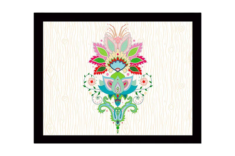 Inramad Canvastavla i trä - 41x56 cm - Färgglad blomsterdesign med detaljerade blad och mönster, Rosa / Grön / Blå