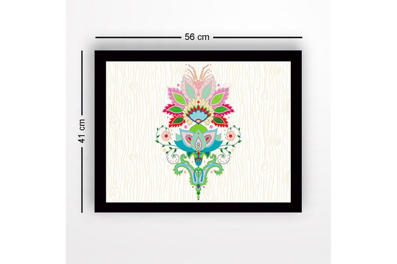 Inramad Canvastavla i trä - 41x56 cm - Färgglad blomsterdesign med detaljerade blad och mönster - Rosa / Grön / Blå - Inredning - Tavlor & posters - Canvastavla