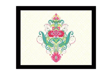 Inramad Canvastavla i trä - 41x56 cm - Färgglad blomsterdesign med spiraler och ornamentala detaljer - Grön / Rosa / Turkos - Inredning - Tavlor & posters - Canvastavla