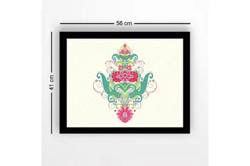 Inramad Canvastavla i trä - 41x56 cm - Färgglad blomsterdesign med spiraler och ornamentala detaljer - Grön / Rosa / Turkos - Inredning - Tavlor & posters - Canvastavla