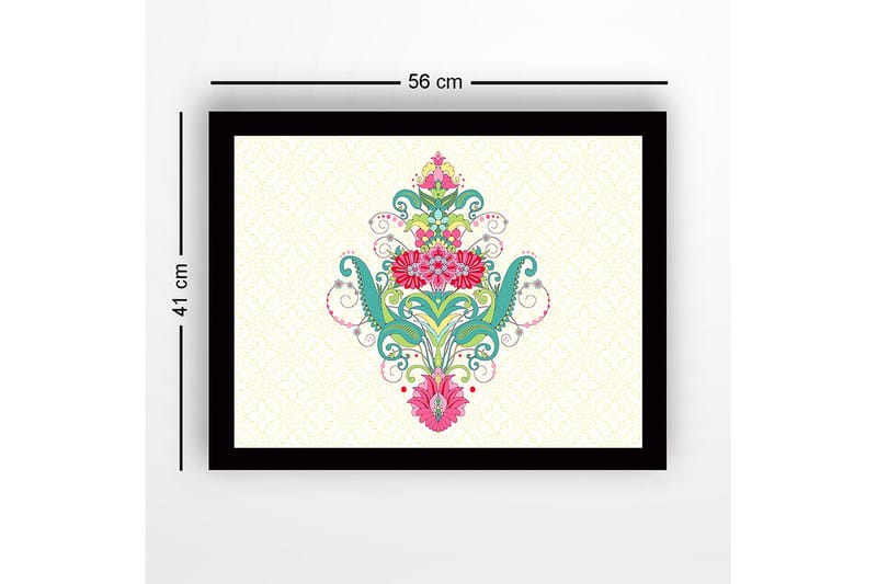 Inramad Canvastavla i trä - 41x56 cm - Färgglad blomsterdesign med spiraler och ornamentala detaljer - Grön / Rosa / Turkos - Inredning - Tavlor & posters - Canvastavla