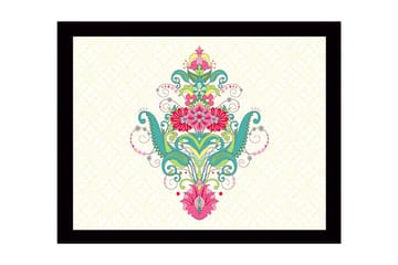 Inramad Canvastavla i trä - 41x56 cm - Färgglad blomsterdesign med spiraler och ornamentala detaljer - Grön / Rosa / Turkos - Inredning - Tavlor & posters - Canvastavla