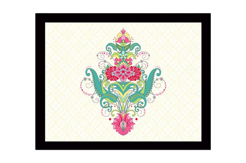 Inramad Canvastavla i trä - 41x56 cm - Färgglad blomsterdesign med spiraler och ornamentala detaljer, Grön / Rosa / Turkos