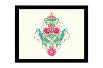 Inramad Canvastavla i trä - 41x56 cm - Färgglad blomsterdesign med spiraler och ornamentala detaljer - Grön / Rosa / Turkos - Inredning - Tavlor & posters - Canvastavla