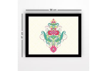 Inramad Canvastavla i trä - 41x56 cm - Färgglad blomsterdesign med spiraler och ornamentala detaljer - Grön / Rosa / Turkos - Inredning - Tavlor & posters - Canvastavla