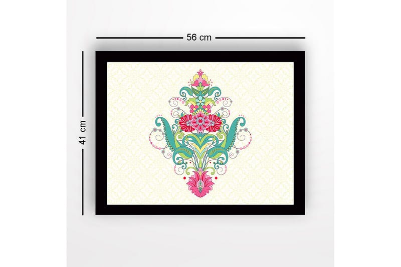 Inramad Canvastavla i trä - 41x56 cm - Färgglad blomsterdesign med spiraler och ornamentala detaljer - Grön / Rosa / Turkos - Inredning - Tavlor & posters - Canvastavla