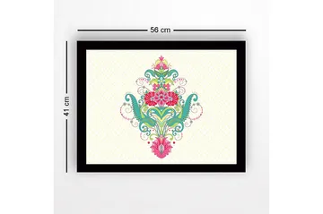 Inramad Canvastavla i trä - 41x56 cm - Färgglad blomsterdesign med spiraler och ornamentala detaljer - Grön / Rosa / Turkos - Inredning - Tavlor & posters - Canvastavla