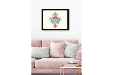 Inramad Canvastavla i trä - 41x56 cm - Färgglad blomsterdesign med spiraler och ornamentala detaljer - Grön / Rosa / Turkos - Inredning - Tavlor & posters - Canvastavla