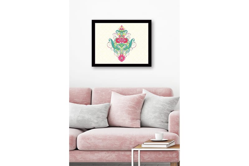 Inramad Canvastavla i trä - 41x56 cm - Färgglad blomsterdesign med spiraler och ornamentala detaljer - Grön / Rosa / Turkos - Inredning - Tavlor & posters - Canvastavla
