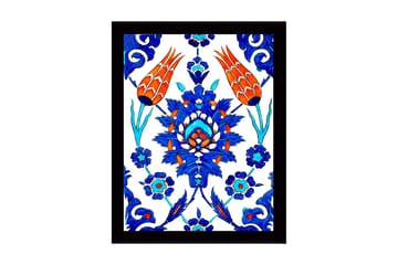 Inramad Canvastavla i trä - 41x56 cm - Färgglad blomsterdesign med stiliserade blommor och bladverk - Blå / Röd / Grön - Inredning - Tavlor & posters - Canvastavla