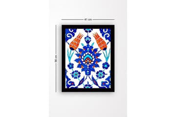 Inramad Canvastavla i trä - 41x56 cm - Färgglad blomsterdesign med stiliserade blommor och bladverk - Blå / Röd / Grön - Inredning - Tavlor & posters - Canvastavla