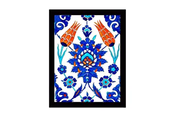 Inramad Canvastavla i trä - 41x56 cm - Färgglad blomsterdesign med stiliserade blommor och bladverk - Blå / Röd / Grön - Inredning - Tavlor & posters - Canvastavla