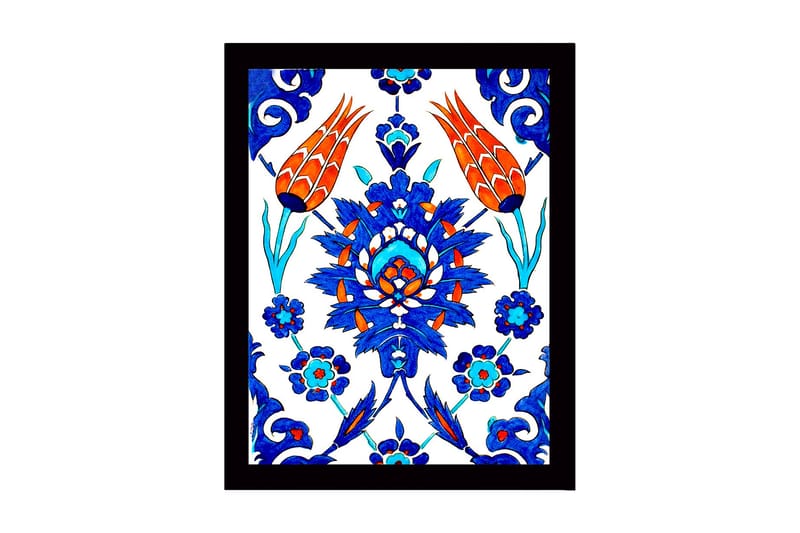 Inramad Canvastavla i trä - 41x56 cm - Färgglad blomsterdesign med stiliserade blommor och bladverk - Blå / Röd / Grön - Inredning - Tavlor & posters - Canvastavla