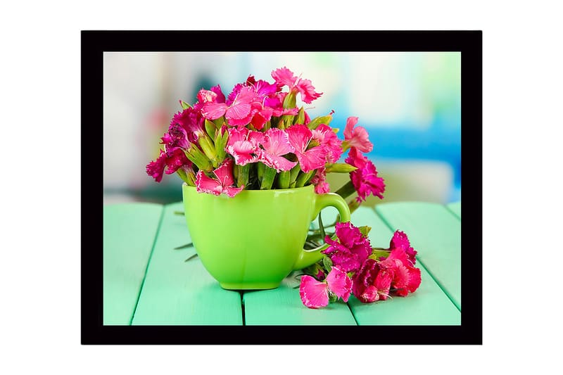 Inramad Canvastavla i trä - 41x56 cm - Färgglad bukett av blommor i en grön kopp - Grön / Rosa - Inredning - Tavlor & posters - Canvastavla