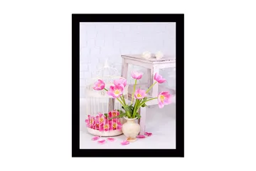 Inramad Canvastavla i trä - 41x56 cm - Färgglad bukett av tulpaner i en vas - Rosa / Grön / Beige - Inredning - Tavlor & posters - Canvastavla