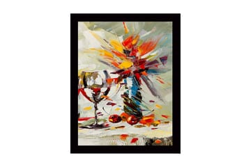 Inramad Canvastavla i trä - 41x56 cm - Färgglad bukett med blommor och ett vinglas - Röd / Gul / Grön - Inredning - Tavlor & posters - Canvastavla